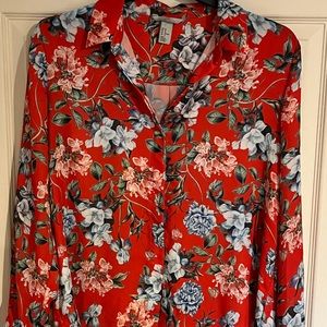 H&M Women’s Button Up Blouse Red Floral, Size 10